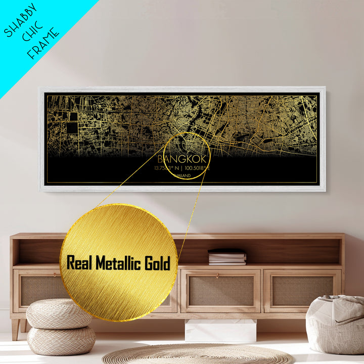 Bangkok Thailand City Poster, Panoramic street map, black and gold, Metallic Gold Art, Metal Art, wood framed map, Metallic Gold Foil  Art