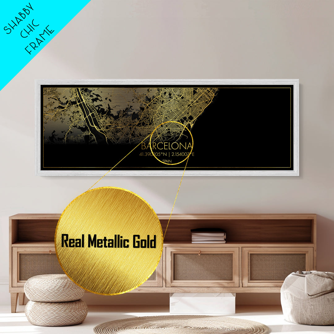 Barcelona Spain City street map, Panoramic art, black and gold, Metallic Gold Print, Metal Art, real wood frames, Modern Wall Art