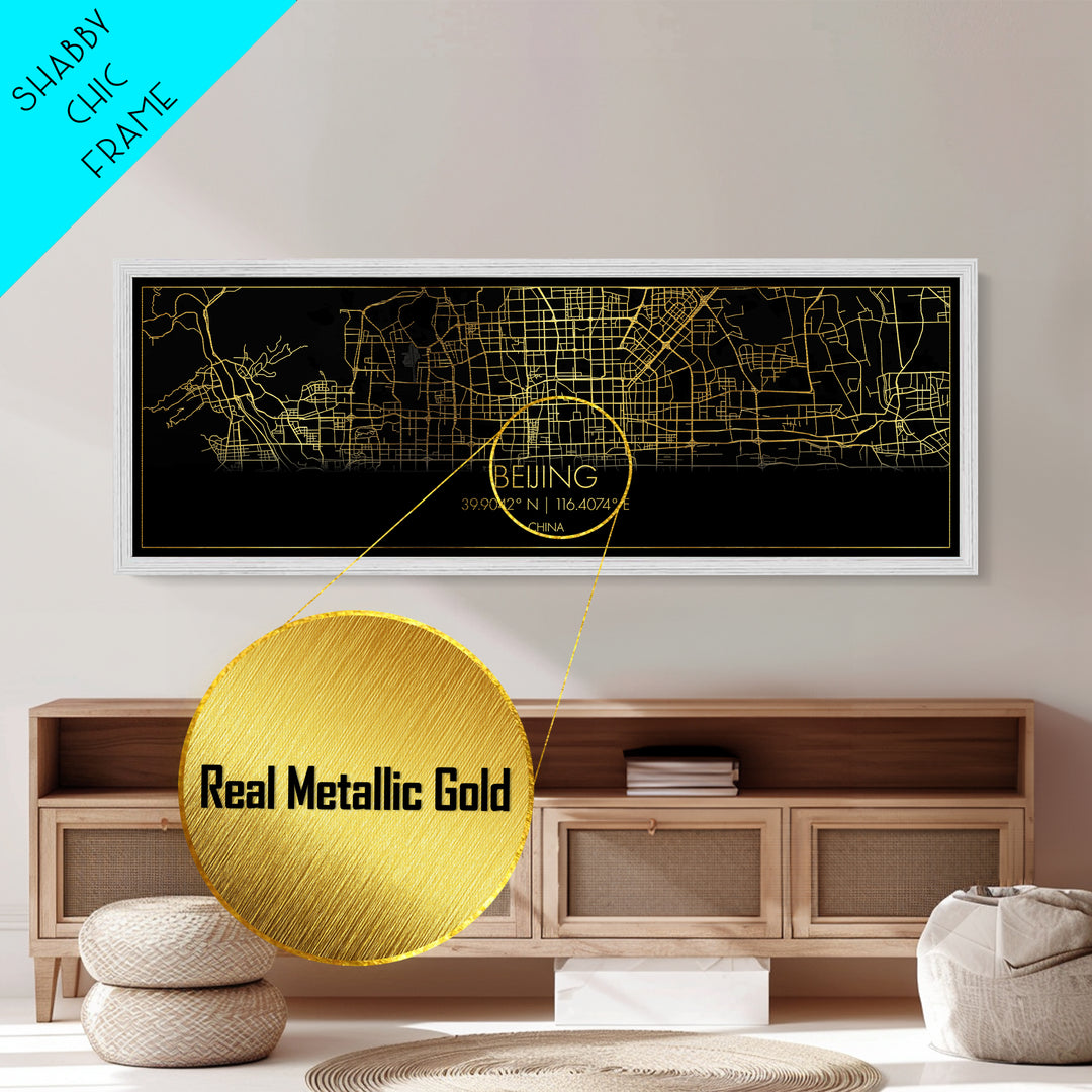 Beijing China map, Panoramic art, black and gold, Metallic Gold Print, Metal Art, real wood frames, College Dorm Décor, Best Friend Gifts