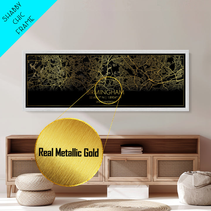 Birmingham United Kingdom City street map, Panoramic art, black and gold, Metallic Gold Print, Metal Art, real wood frames, Modern Wall Art