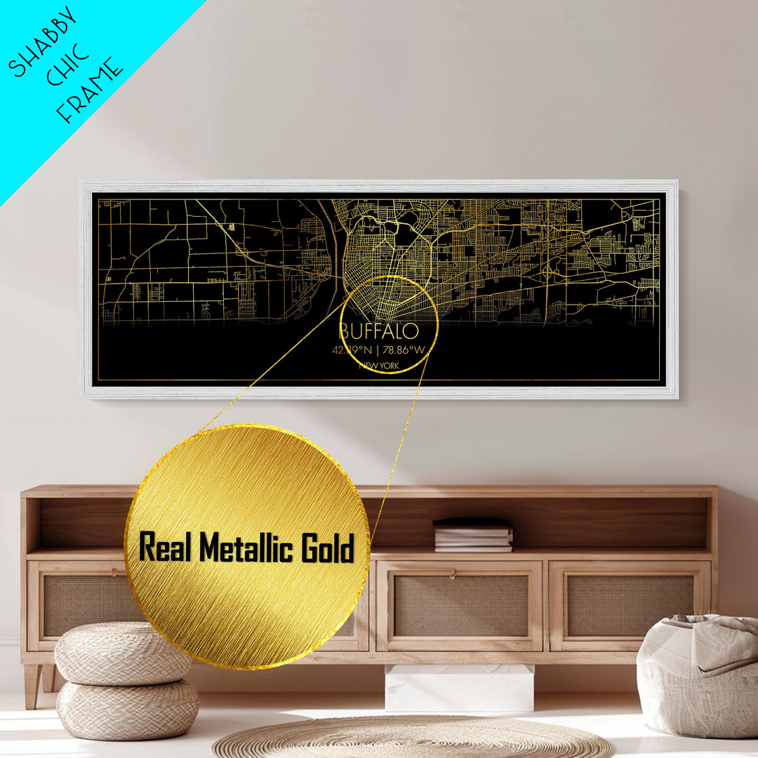 Buffalo New York City Poster, Panoramic street map, black and gold, Metallic Gold Art, Metal Art, wood framed map, Modern Wall Art, City Map
