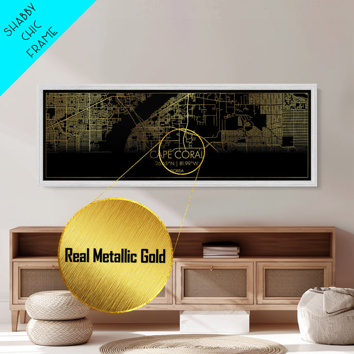 Cape Coral Florida City street map, Panoramic art, black and gold, Metallic Gold Print, Metal Art, real wood frames, Housewarming Gift