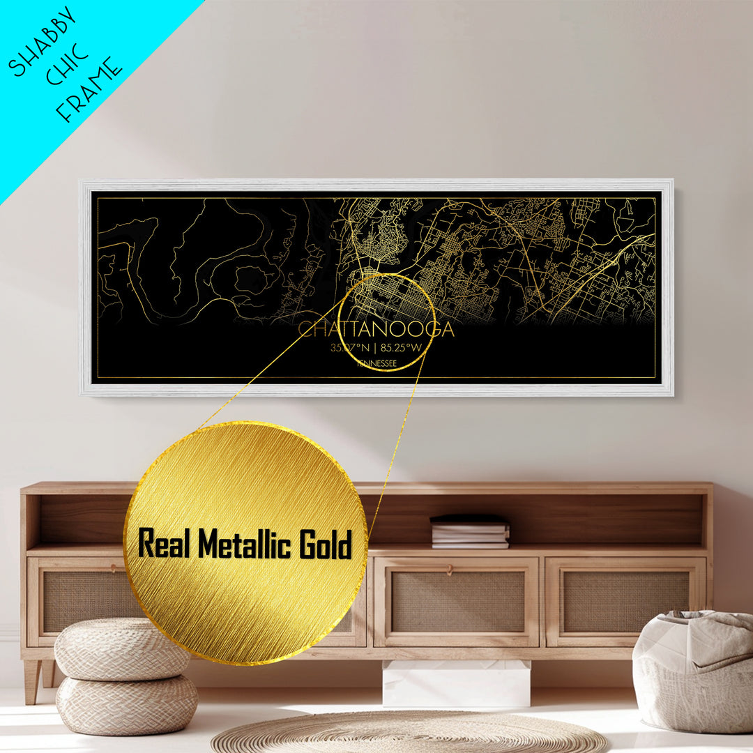 Chattanooga Tennessee City Poster, Panoramic street map, black and gold, Metallic Gold Art, Metal Art, wood framed map, Street Map Art