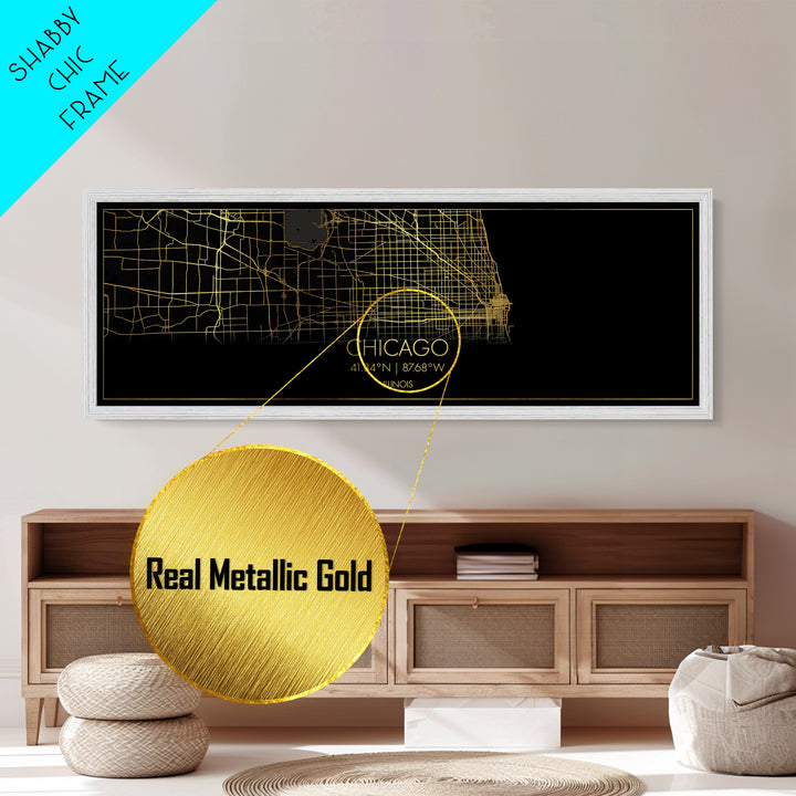 Chicago Illinois City Poster, Panoramic street map, black and gold, Metallic Gold Art, Metal Art, wood framed map, Modern Wall Art
