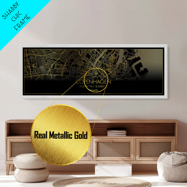 Copenhagen Denmark Poster, Panoramic street map, black and gold, Metallic Gold Art, Metal Art, wood framed map, Street Map Art, Map Print