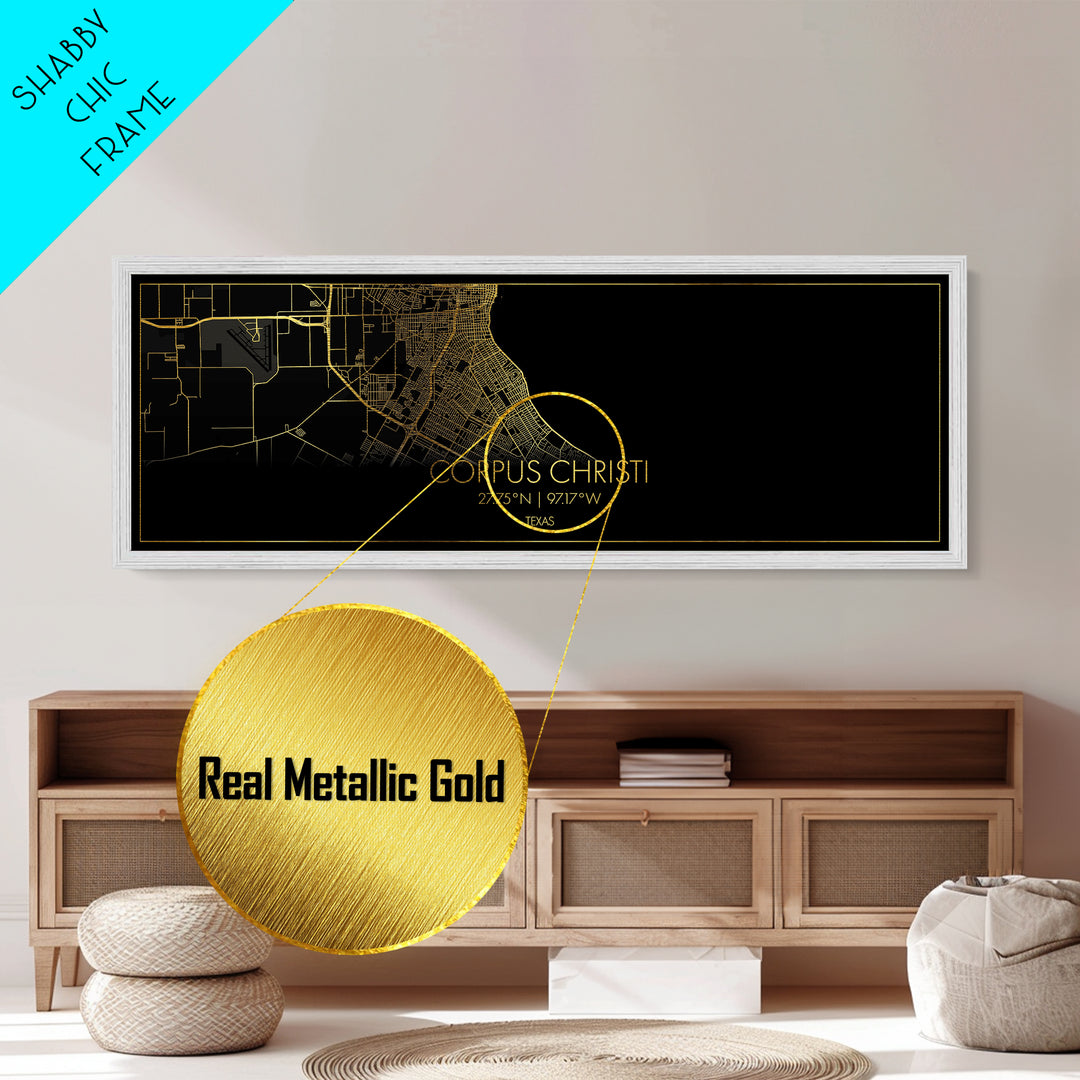 Corpus Christi Texas City street map, Panoramic art, black and gold, Metallic Gold Print, Metal Art, real wood frames, Best Friend Gifts