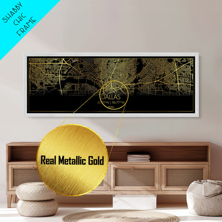 Dallas Texas City Poster, Panoramic street map, black and gold, Metallic Gold Art, Metal Art, wood framed map, City Map Print Poster