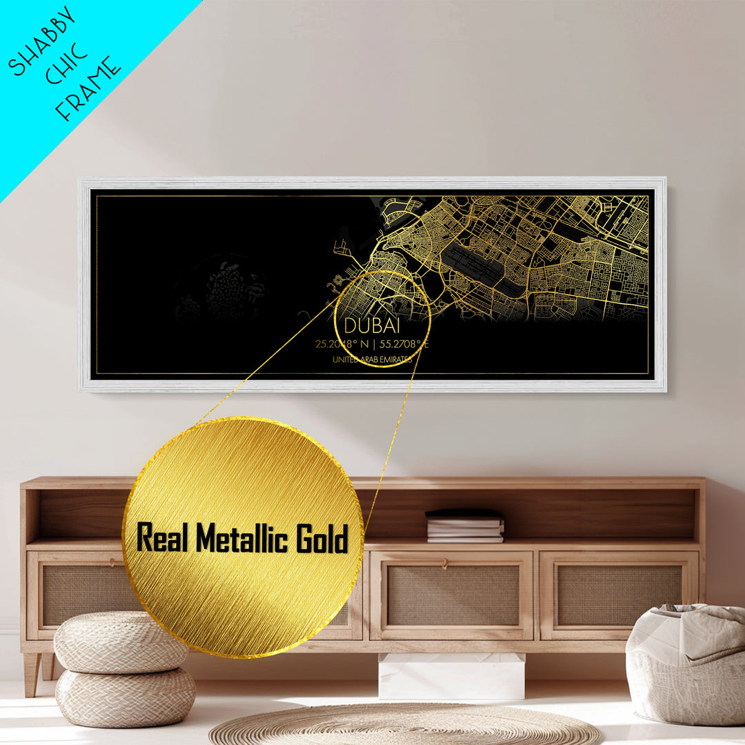 Dubai United Arab Emirates City Poster, Panoramic street map, black and gold, Metallic Gold Art, Metal Art, wood framed map, Modern Wall Art