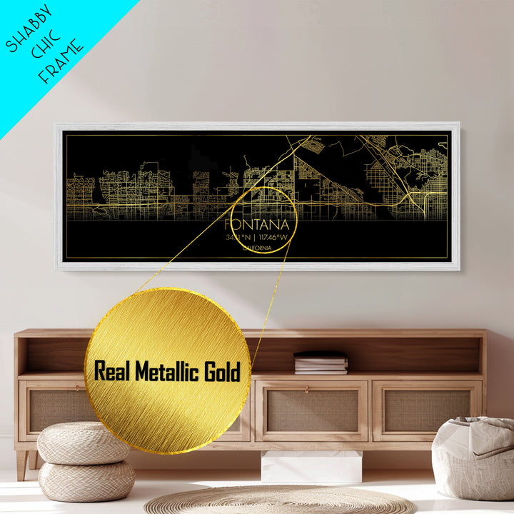 Fontana California City Poster, Panoramic street map, black and gold, Metallic Gold Art, Metal Art, wood framed map, Best Friend Gifts