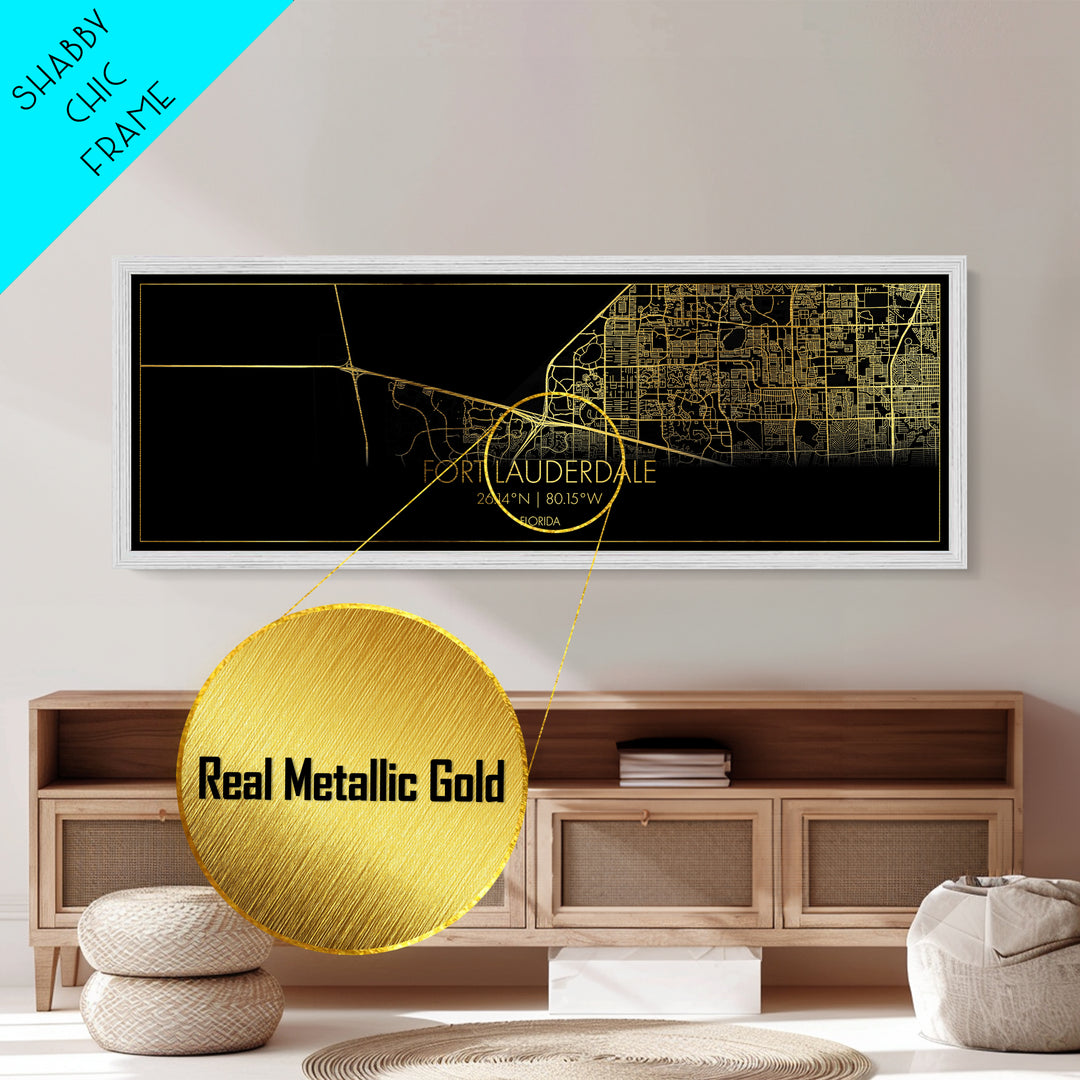 Fort Lauderdale Florida City street map, Panoramic art, black and gold, Metallic Gold Print, Metal Art, real wood frames, Modern Wall Art