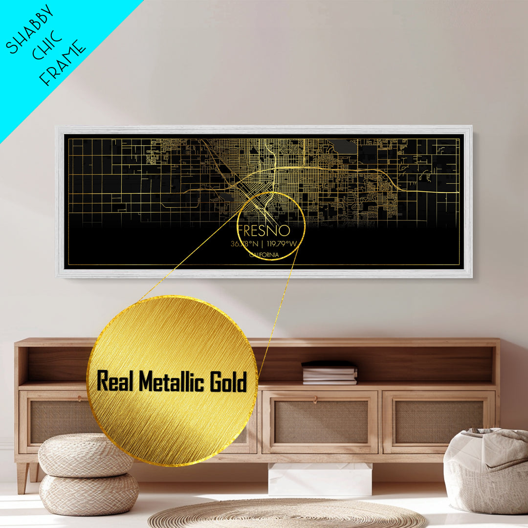 Fresno California City street map, Panoramic art, black and gold, Metallic Gold Print, Metal Art, real wood frames, Minimalist Wall Art