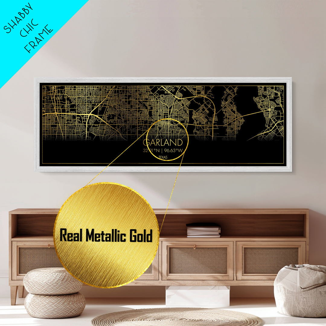 Garland Texas City Poster, Panoramic street map, black and gold, Metallic Gold Art, Metal Art, wood framed map, City Map Print Poster
