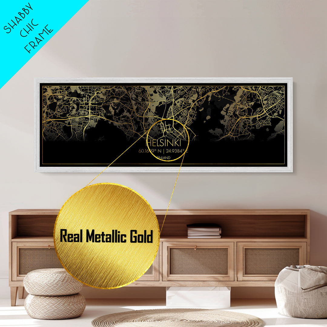 Helsinki Finland City Poster, Panoramic street map, black and gold, Metallic Gold Art, Metal Art, wood framed map, Housewarming Gift
