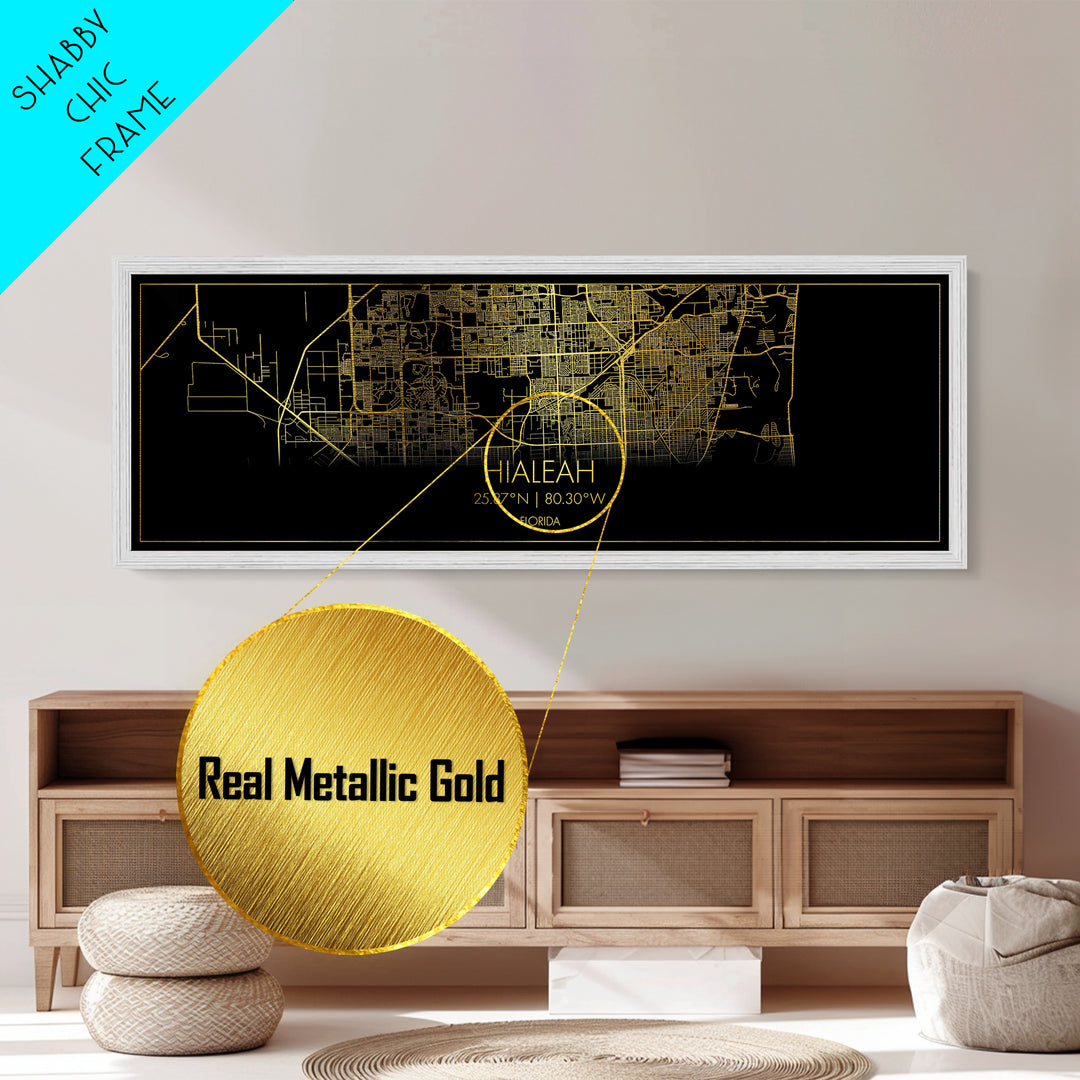 Hialeah Florida City street map, Panoramic art, black and gold, Metallic Gold Print, Metal Art, real wood frames, Modern House Art