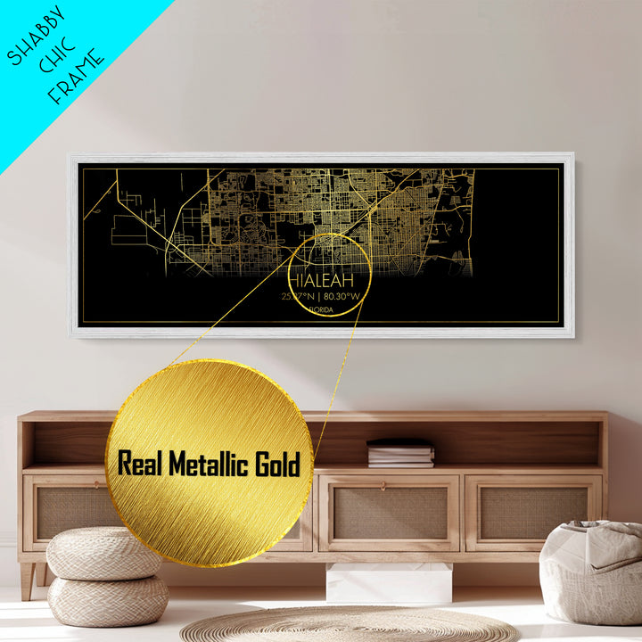 Hialeah Florida City street map, Panoramic art, black and gold, Metallic Gold Print, Metal Art, real wood frames, Modern House Art