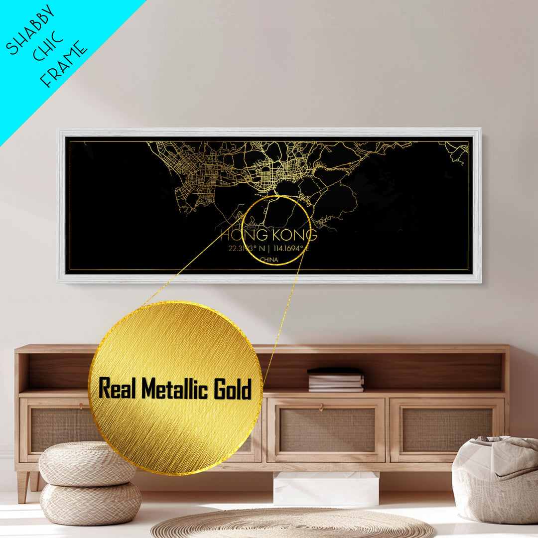 Hong Kong China City Poster, Panoramic street map, black and gold, Metallic Gold Art, Metal Art, wood framed map, Minimalist Wall Art