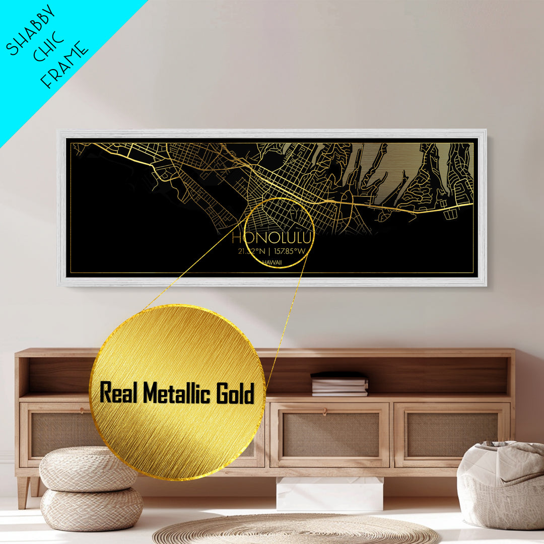 Honolulu Hawaii City street map, Panoramic art, black and gold, Metallic Gold Print, Metal Art, real wood frames, City Map Print Poster