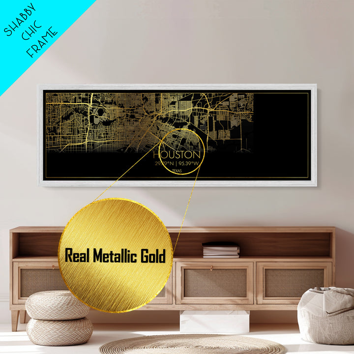 Houston Texas City Poster, Panoramic street map, black and gold, Metallic Gold Art, Metal Art, wood framed map, Housewarming Gift