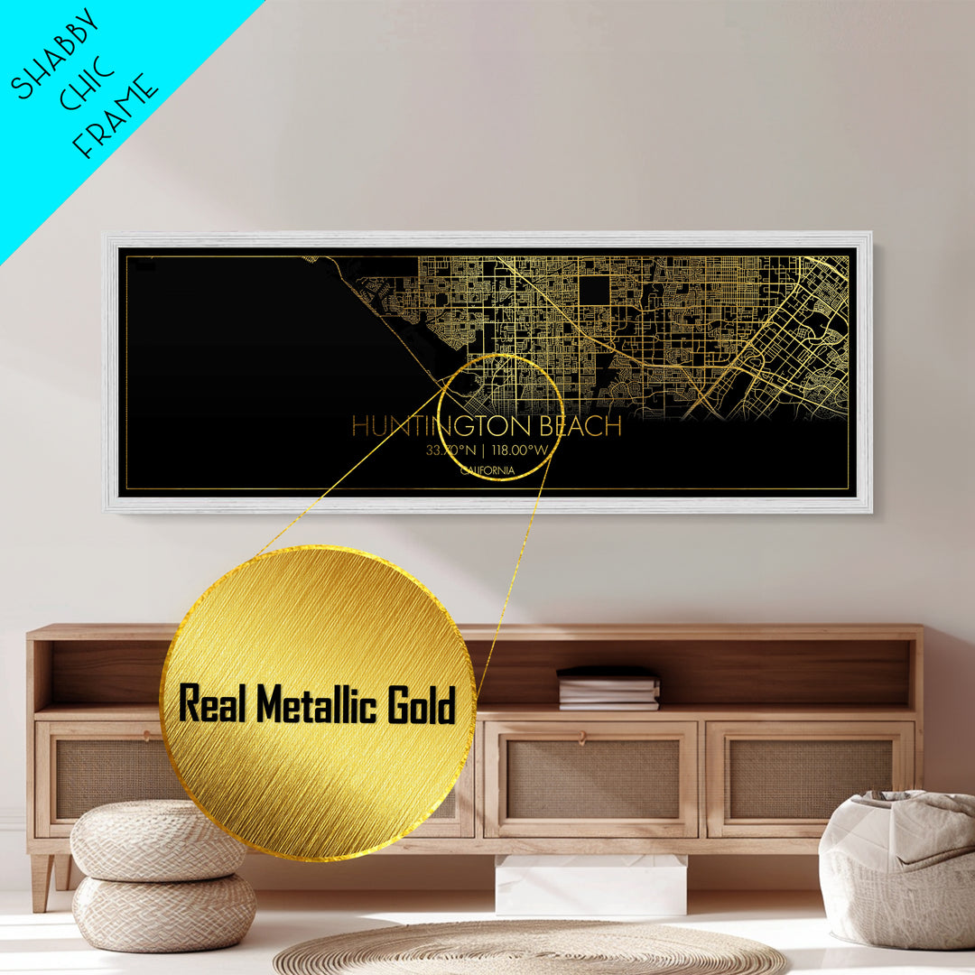 Huntington Beach California street map, Panoramic art, black and gold, Metallic Gold Print, Metal Art, real wood frames, Modern Wall Art