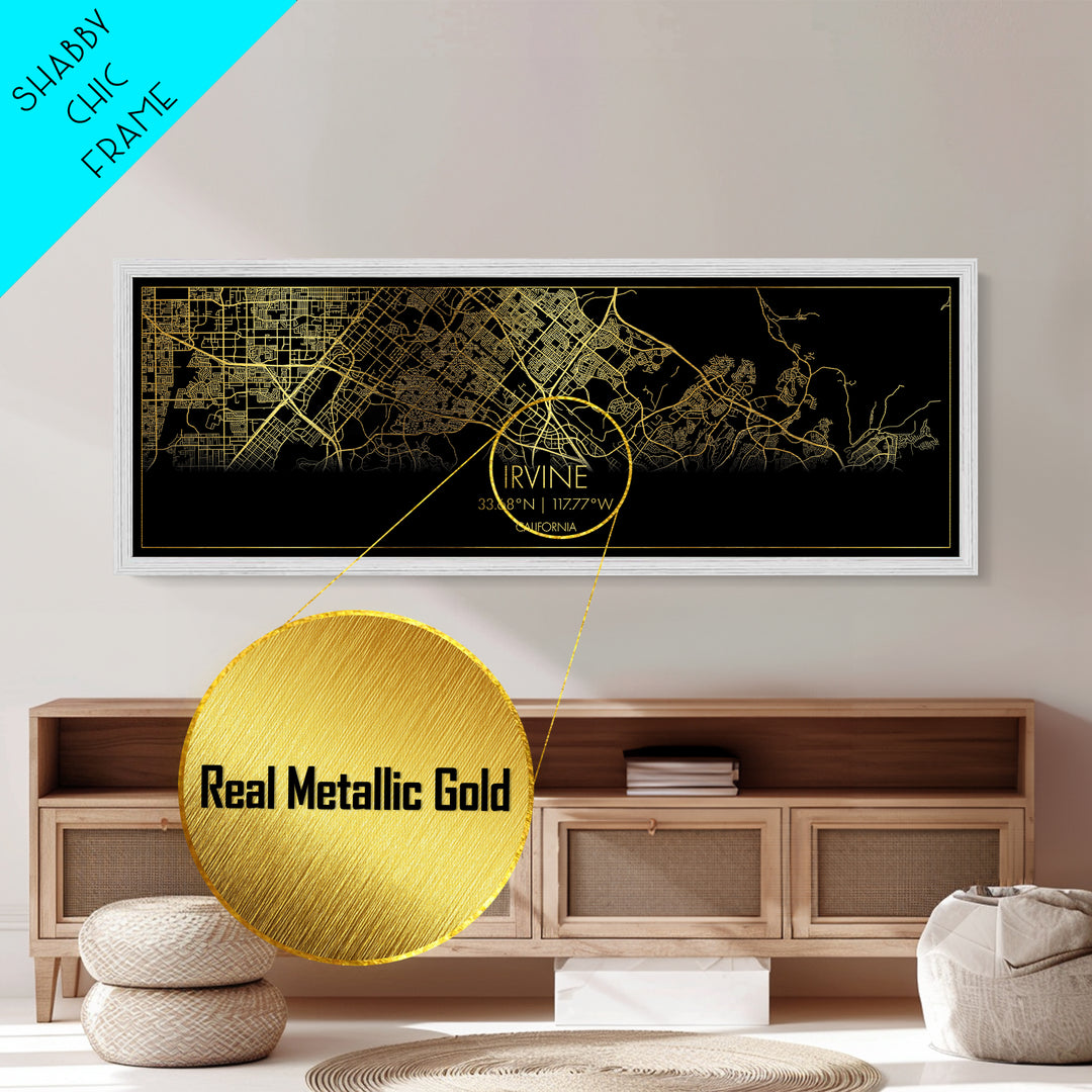 Irvine California Poster, Panoramic street map, black and gold, Metallic Gold Art, Metal Art, wood framed map, Wall Art, Housewarming Gift