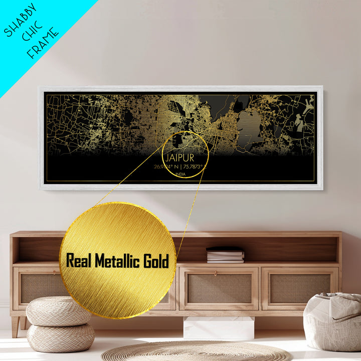 Jaipur India City Poster, Panoramic street map, black and gold, Metallic Gold Art, Metal Art, wood framed map, Street Map Art