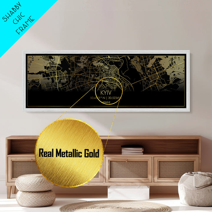 Kyiv Ukraine City Poster, Panoramic street map, black and gold, Metallic Gold Art, Metal Art, wood framed map, Wall Art, College Dorm Décor