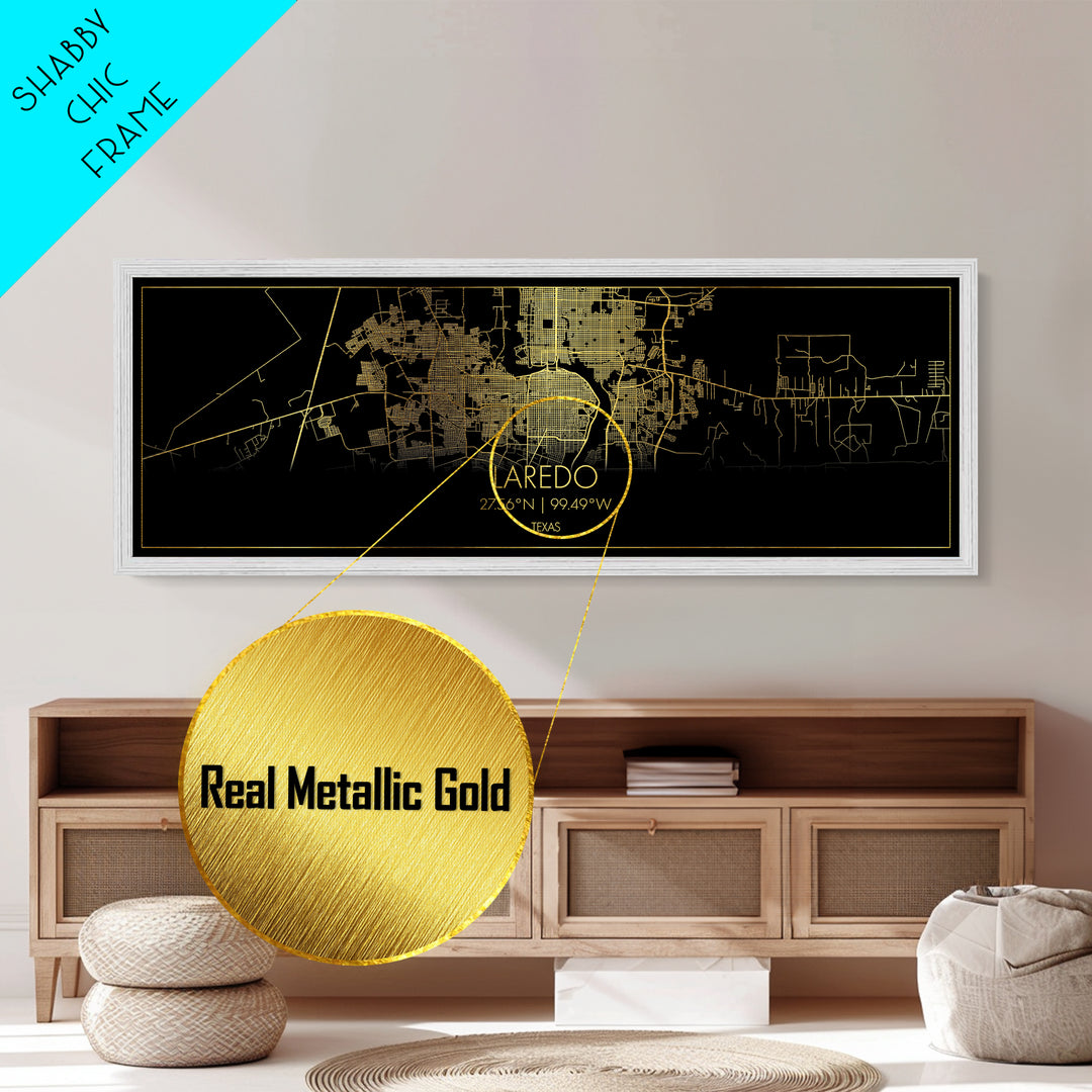 Laredo Texas City street map, Panoramic art, black and gold, Metallic Gold Print, Metal Art, real wood frames, Housewarming Gift