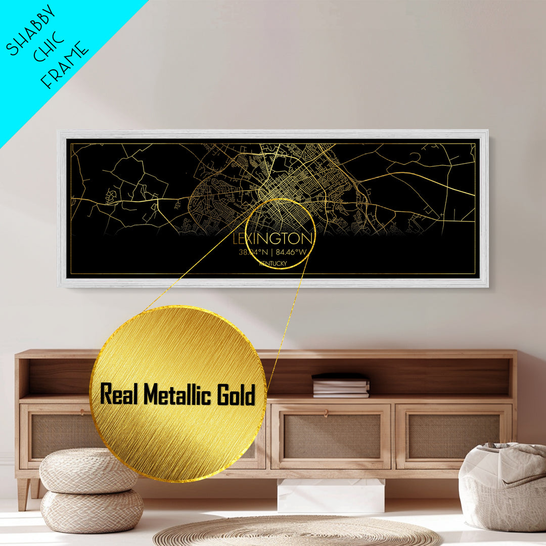 Lexington Kentucky map, Panoramic art, black and gold, Metallic Gold Print, Metal Art, real wood frames, Modern House Art, Street Map Art