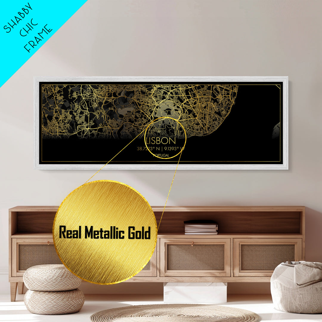 Lisbon Portugal map, Panoramic art, black and gold, Metallic Gold Print, Metal Art, real wood frames, Modern Wall Art, Housewarming Gift