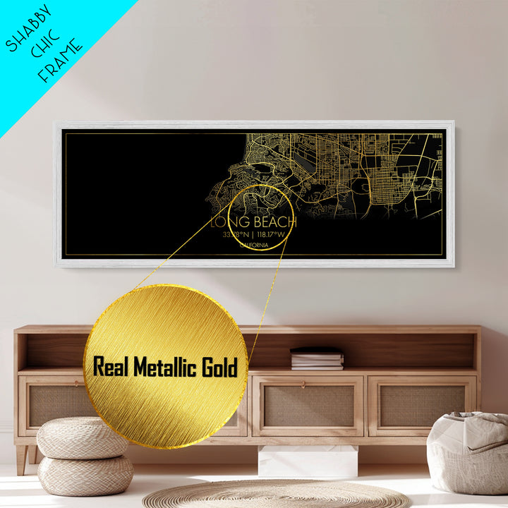 Long Beach California City Poster, Panoramic street map, black and gold, Metallic Gold Art, Metal Art, wood framed map, Housewarming Gift