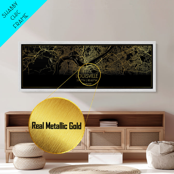 Louisville Kentucky City Poster, Panoramic street map, black and gold, Metallic Gold Art, Metal Art, wood framed map, Housewarming Gift