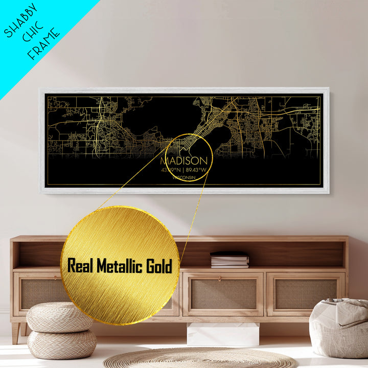Madison Wisconsin City street map, Panoramic art, black and gold, Metallic Gold Print, Metal Art, real wood frames, Wall Art, Minimalist Art