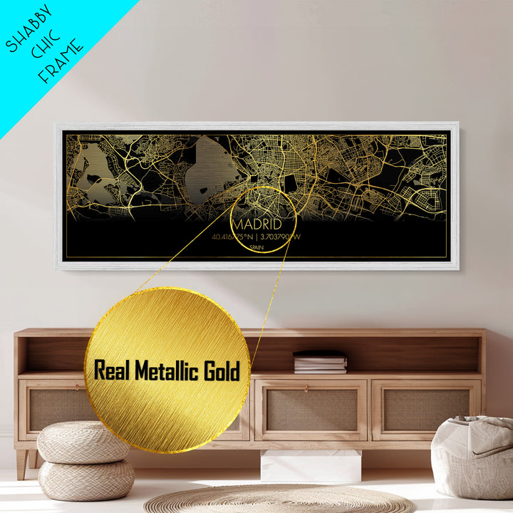 Madrid Spain City Poster, Panoramic street map, black and gold, Metallic Gold Art, Metal Art, wood framed map, College Dorm Décor