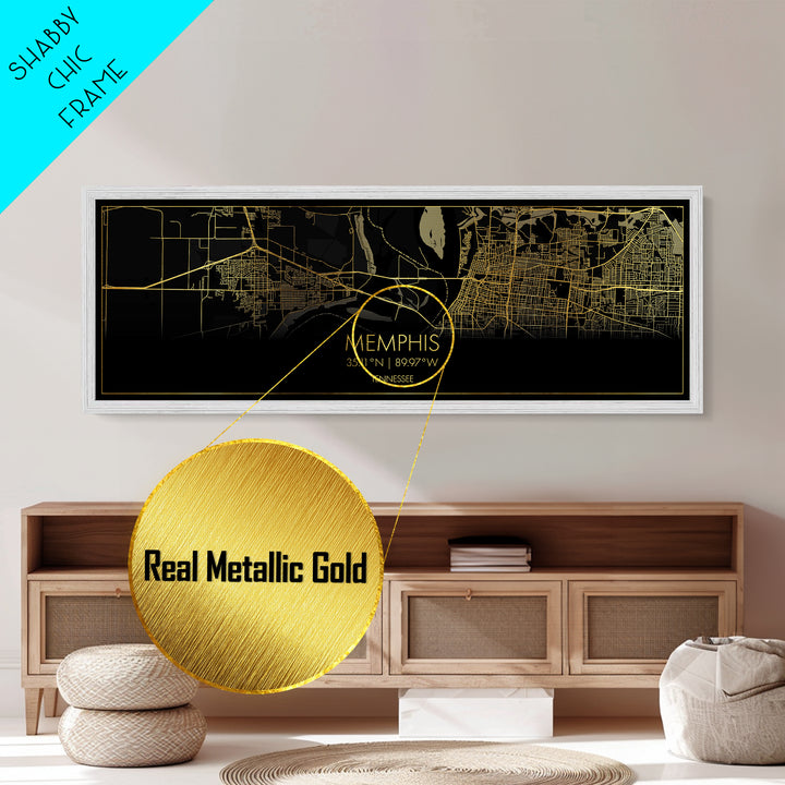 Memphis Tennessee City street map, Panoramic art, black and gold, Metallic Gold Print, Metal Art, real wood frames, Housewarming Gift