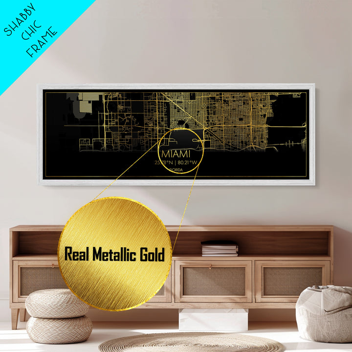 Miami Florida City street map, Panoramic art, black and gold, Metallic Gold Print, Metal Art, real wood frames, Office Decor, Wall Art