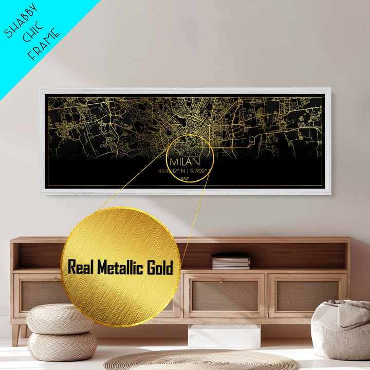 Milan Italy City Poster, Panoramic street map, black and gold, Metallic Gold Art, Metal Art, wood framed map, Modern Wall Art