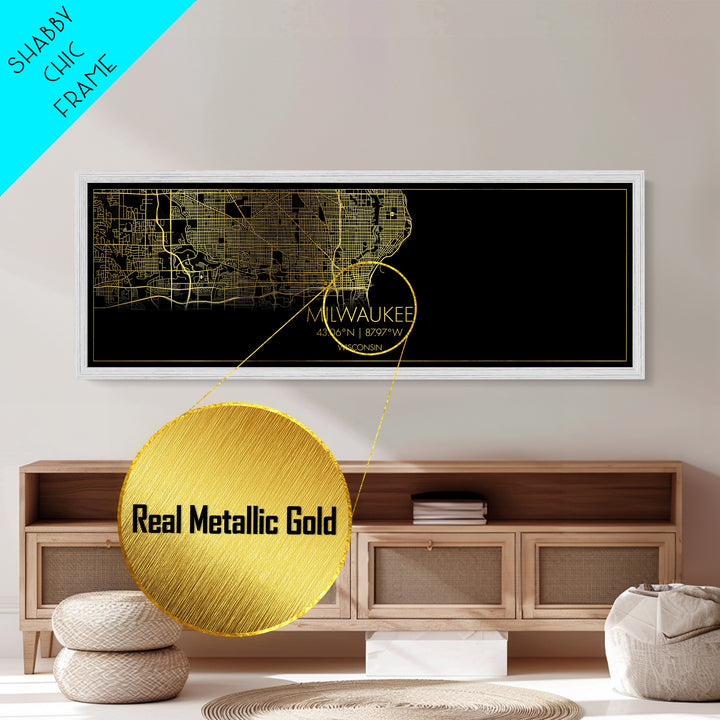 Milwaukee Wisconsin City street map, Panoramic art, black and gold, Metallic Gold Print, Metal Art, real wood frames, Minimalist Wall Art