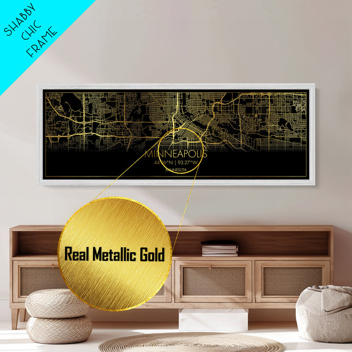 Minneapolis Minnesota City Poster, Panoramic street map, black and gold, Metallic Gold Art, Metal Art, wood framed map, Office Décor