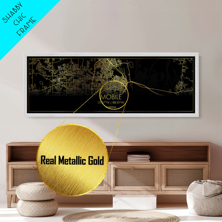 Mobile Alabama City street map, Panoramic art, black and gold, Metallic Gold Print, Metal Art, real wood frames, Housewarming Gift