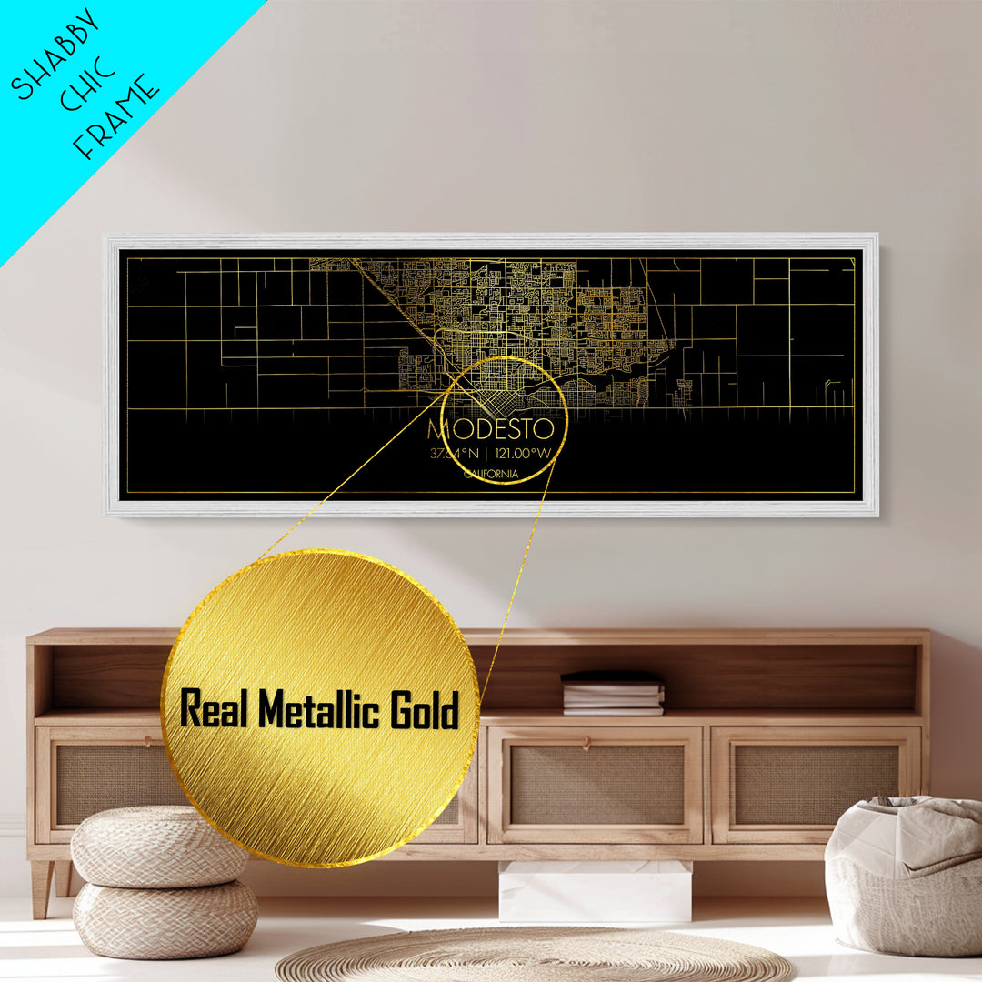 Modesto California City Poster, Panoramic street map, black and gold, Metallic Gold Art, Metal Art, wood framed map, Modern House Art