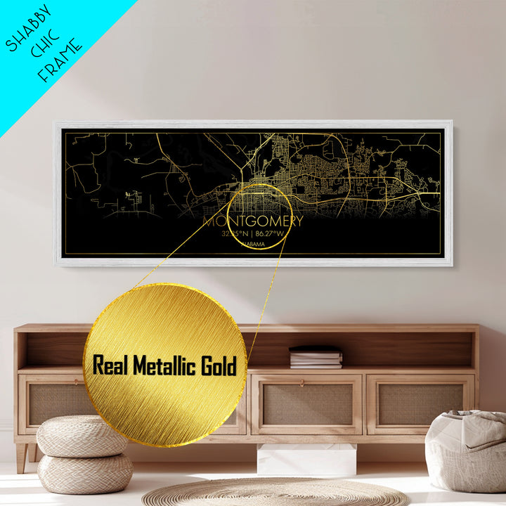 Montgomery Alabama City street map, Panoramic art, black and gold, Metallic Gold Print, Metal Art, real wood frames,  City Map Print Poster
