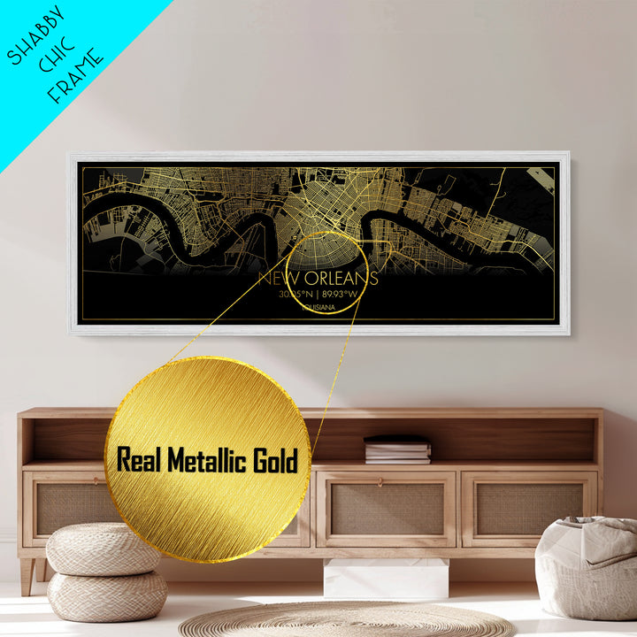 New Orleans Louisiana City street map, Panoramic art, black and gold, Metallic Gold Print, Metal Art, real wood frames, Housewarming Gift