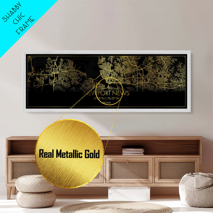 Newport News Virginia City Poster, Panoramic street map, black and gold, Metallic Gold Art, Metal Art, wood framed map, Street Map Art