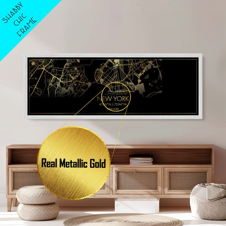 New York New York City street map, Panoramic art, black and gold, Metallic Gold Print, Metal Art, real wood frames, Office Decor, Wall Art