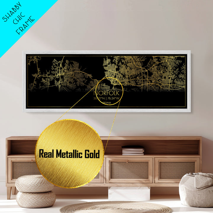 Norfolk Virginia City Poster, Panoramic street map, black and gold, Metallic Gold Art, Metal Art, wood framed map, Housewarming Gift