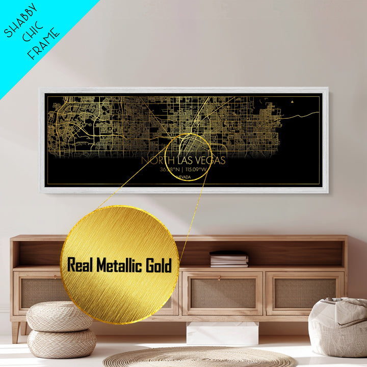 North Las Vegas Nevada City street map, Panoramic art, black and gold, Metallic Gold Print, Metal Art, real wood frames, Best Friend Gifts