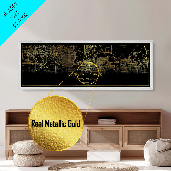 Overland Park Kansas City street map, Panoramic art, black and gold, Metallic Gold Print, Metal Art, real wood frames, Minimalist Wall Art