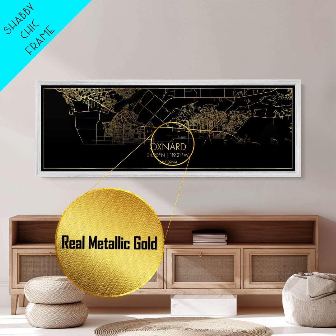 Oxnard California City Poster, Panoramic street map, black and gold, Metallic Gold Art, Metal Art, wood framed map, Housewarming Gift