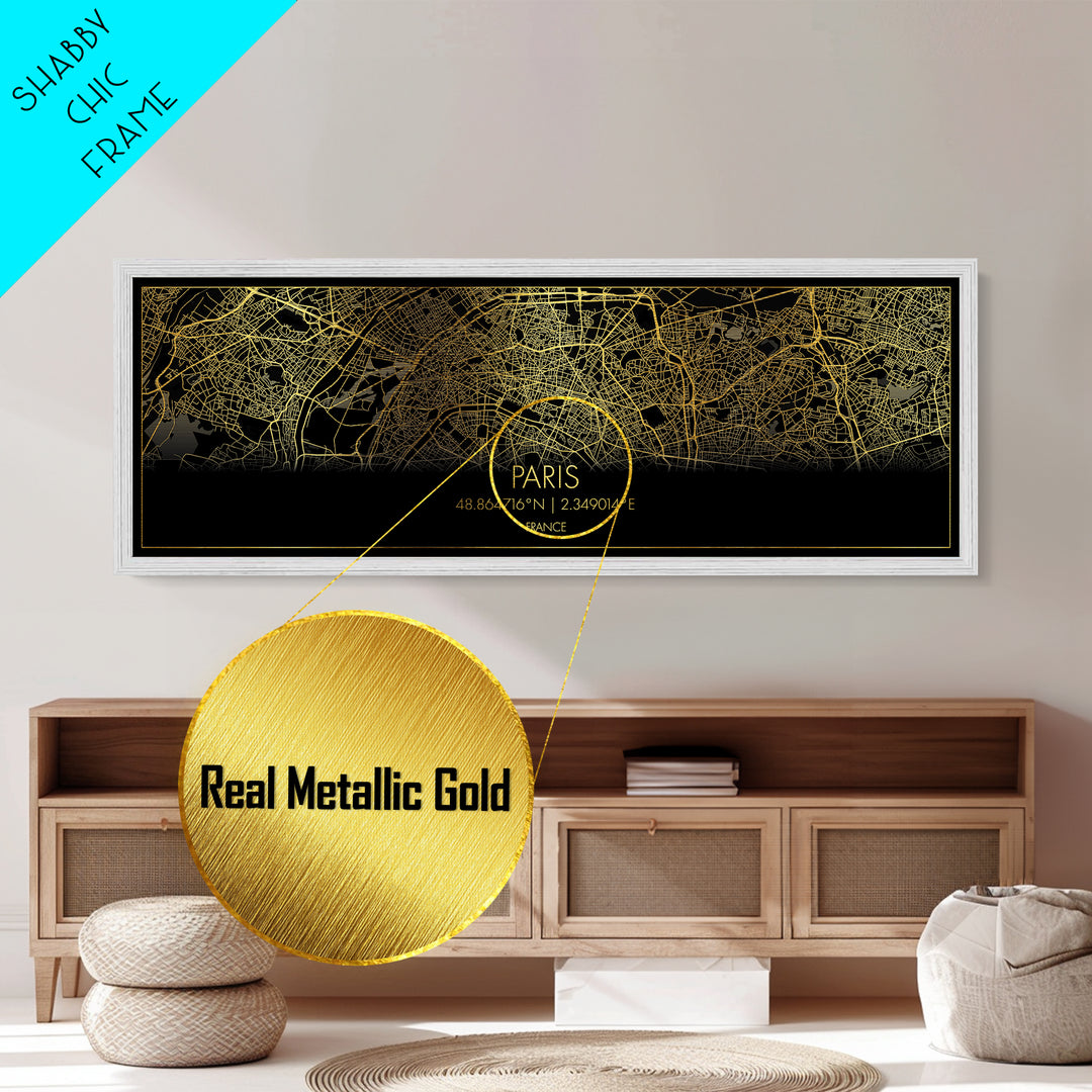 Paris France City street map, Panoramic art, black and gold, Metallic Gold Print, Metal Art, real wood frames, Modern House Art