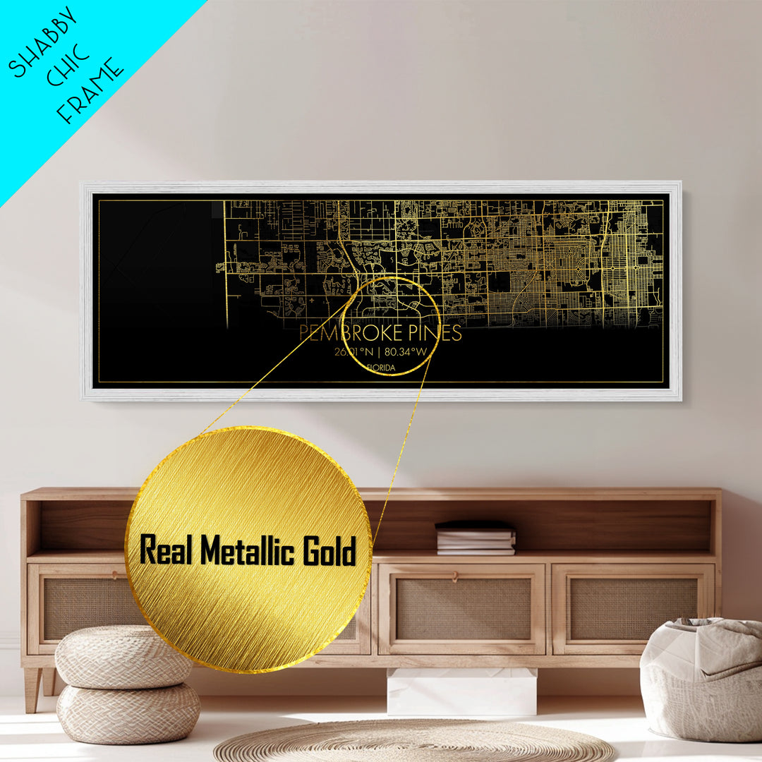 Pembroke Pines Florida City Poster, Panoramic street map, black and gold, Metallic Gold Art, Metal Art, wood framed map, Best Friend Gifts